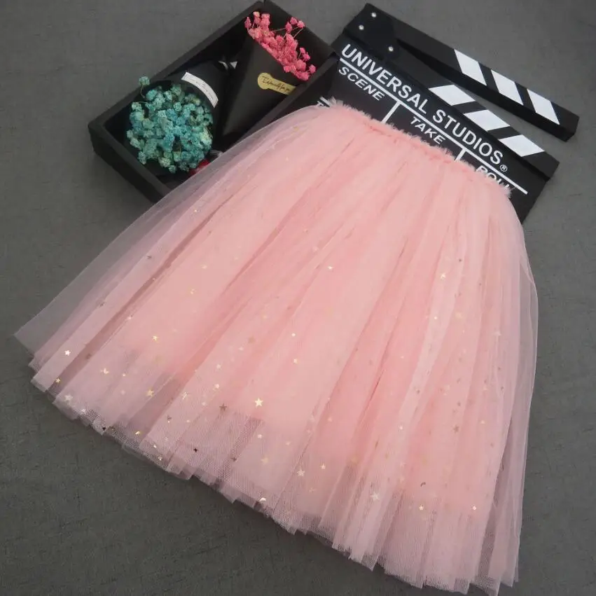 Shiny Stars Summer Girls Fashion Fluffy Twinkling Stars Tutu Skirt Shiny Princess Party Tulle Skirts Girls Clothing Kids