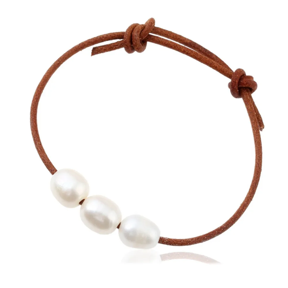 9-10mm Freshwater Natural Pearl Bracelet For Woman Genuine Leather Bracelet Brown Adjustable Rope Chain