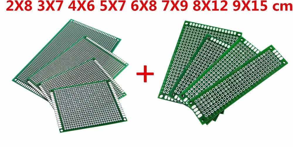 16pcs PCB Prototype Board 2.54mm Circuit Universal Stripboard Veroboard Double Side 2X8 3X7 4X6 5X7 6X8 7X9 8X12 9X15 2Pcs Each