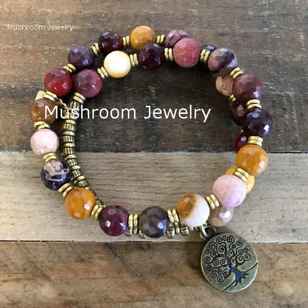 Bohemian Faceted Agates Beads With Gold Accent Spacer Beaded Wrist Beaded yoga mala tree of life Charm stack bracelet