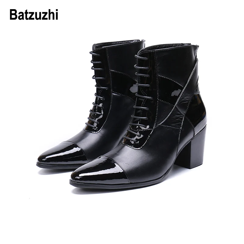 Batzuzhi Limited Edition 7cm High Heel Men Boots Short Pointed Toe Black Leather Dress Boots Men Handsome Lace-up botas hombre