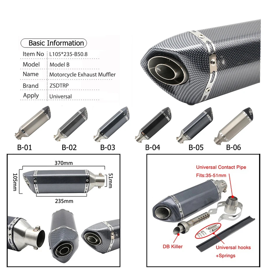 Sclmotos- 35-51mm Motorcycle Scooter ATV Exhaust Muffler Pipe Escape Moto for Honda CBR250 CB400 YZF FZ400 Z750 NINJA TMAX530