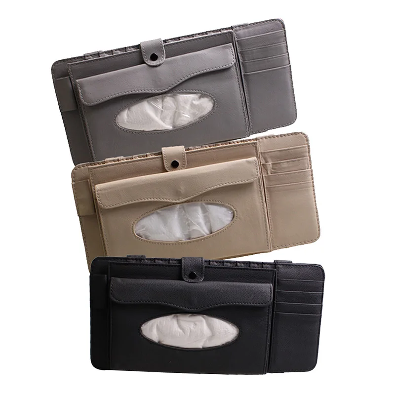 New 3 in 1 Leather CD Case Car DVD Sun Visor Box With Tissue Travel Organizer For Glasses Business Card Storage Bag