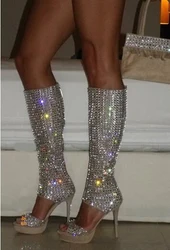 Nowy projekt Bling Bling z wystającym palcem Rhinestone wysoka podeszwa Gladiator buty wycięcie kolana wysokie kryształowe buty na wysokim obcasie buty sukienka