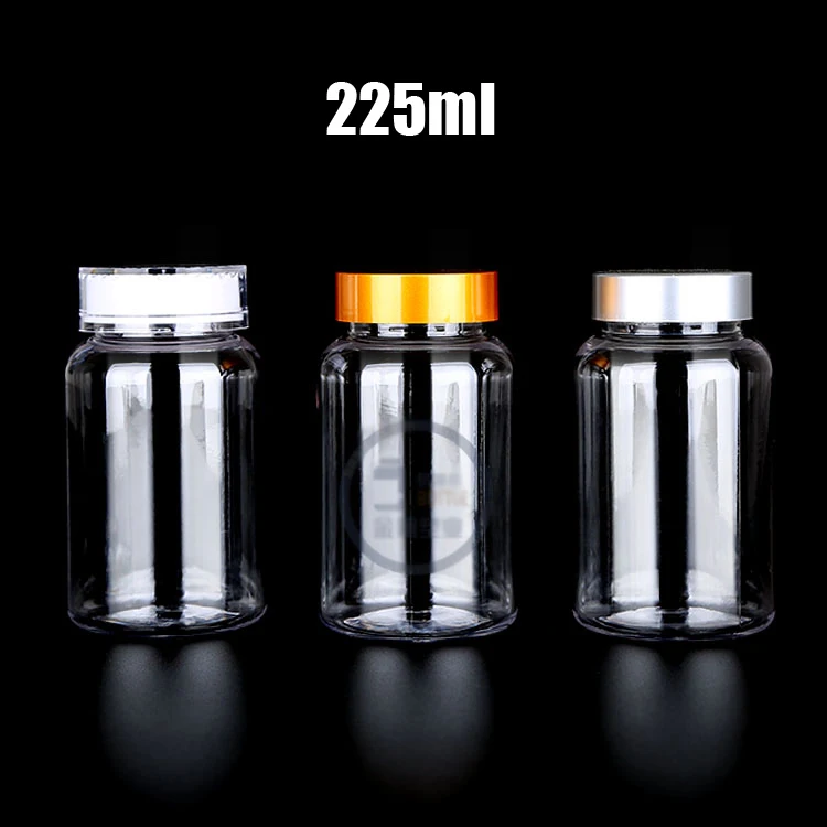 100pcs 225ml NEW Transparent PET Bottle, 225CC Capsules  Bottles, Plastic Pills Powder Bottles--Golden/Silver/Child-proof Lids