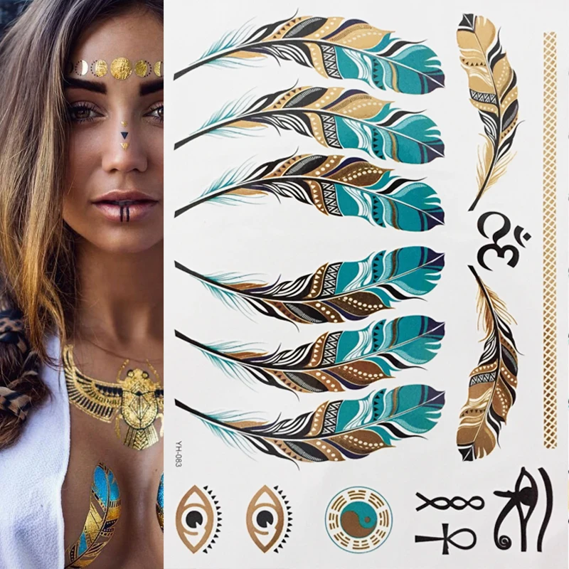 1 sheet Flash Boho Metallic Gold Feathers Shimmering Jewellery Festival Temporary Tattoo