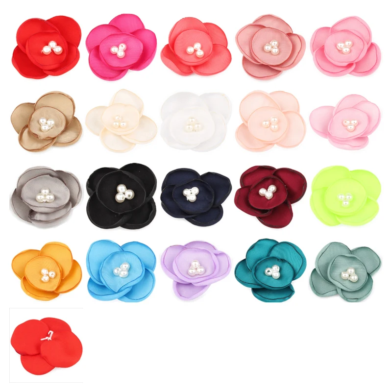 

120pcs/lot 5cm Newborn Chiffon Petals Flower+Pearls Hair Clips Fabric Hair Flowers For Kids Girls Hair Accessories/Headbands