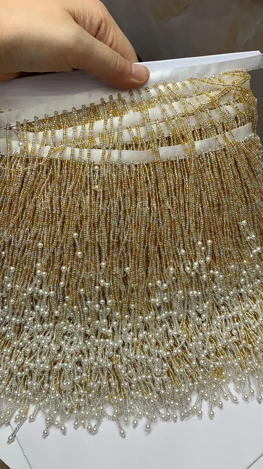 

cou001# 10 yards/bag 12-13 cm width golden beads ribbon fringe tassel for garment/decorative/home/wedding bridal gown dress