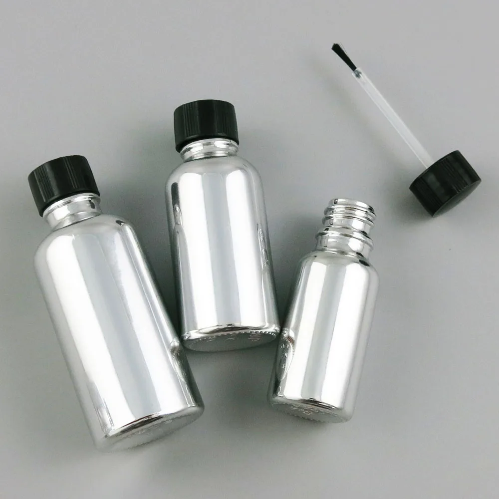 10x5ml 10ml 20ml 30ml 50ml 100ml Refillable Nail Polish Bottle Silver Plating Glass Bottle With Brush Cap Essential Oil Vial