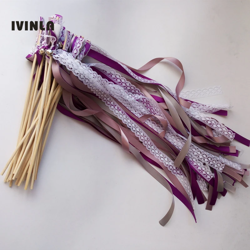 50pcs/lot purple and grey  wedding ribbon wands for white lace for wedding decoration