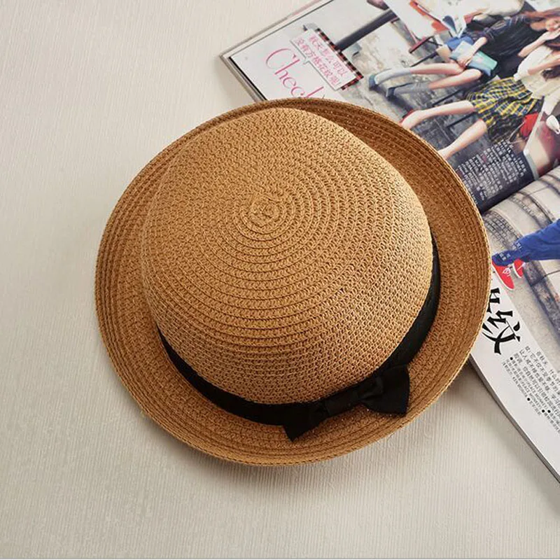 2017 new Lady Boater sun caps Ribbon Round Flat Top Straw Fedora Panama Hat summerhats for women straw hat snapback gorras