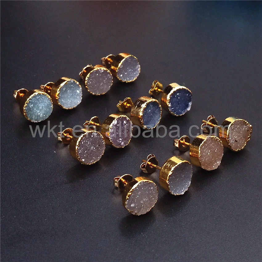 WT-E271 Natural Druzy Agate Stone Round Shape Gold Plated  Earrings  For Friends Jewelry Gift