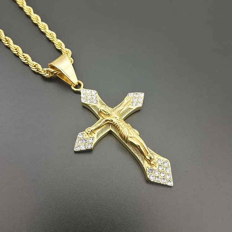 Gold color tone Cross Christ Jesus Pendant Necklace with zircon 316L Stainless Steel Link rolo Chain Heavy Men Jewelry Gift