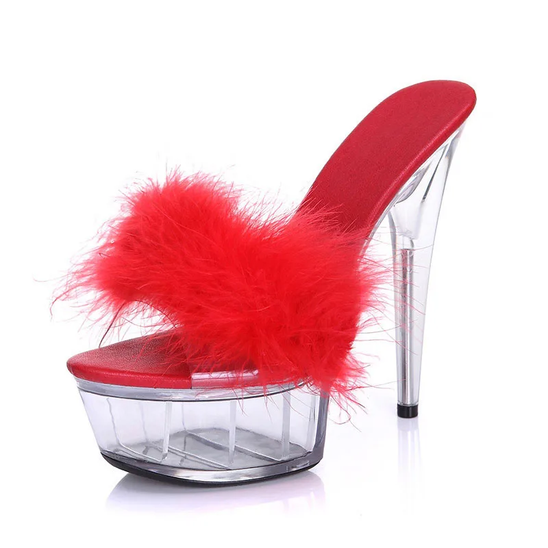 JOYHOPY Big Size 35-43 Sexy Super High Heels 15CM Transparent Crystal Sandals Slippers With Feathers Nightclub Sexy Woman Shoes