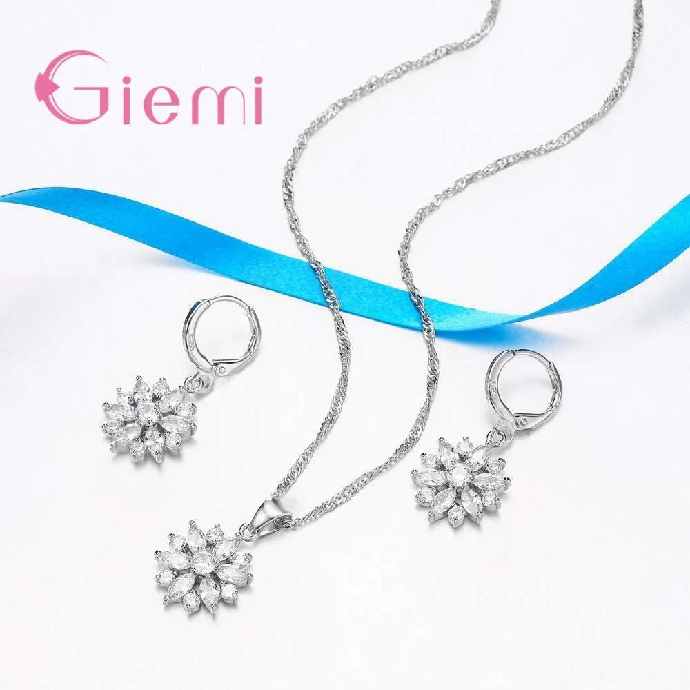 Trendy 925 Sterling Silver Jewelry Set for Women Flower CZ Stone Charm Pendants Necklaces Earrings Anniversary Gift