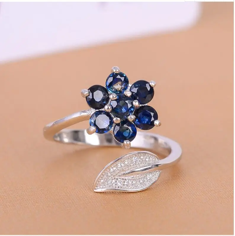 Anniversary Ring Flower Ring Natural real sapphire ring 925 sterling silver Fine handworked jewelry Finger rings 3mm 7pcs Gem