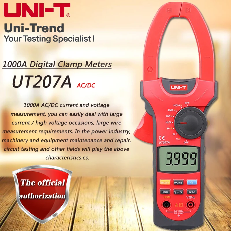 

UNI-T UT207A AC DC 1000A Digital Clamp Meter, Digital Ammeter Resistor / Frequency / Diode Test Digital Hold