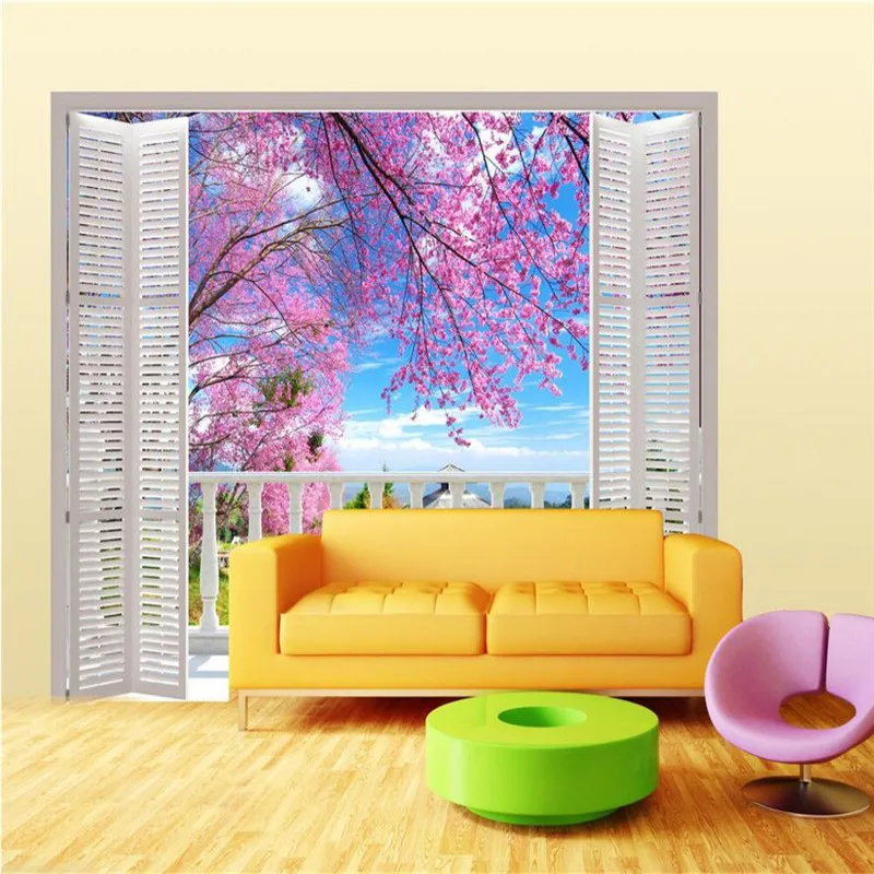 beibehang Custom Photo Wallpaper 3D Stereo Large Murals False windows / romantic cherry spring field sofa bed bedroom flash