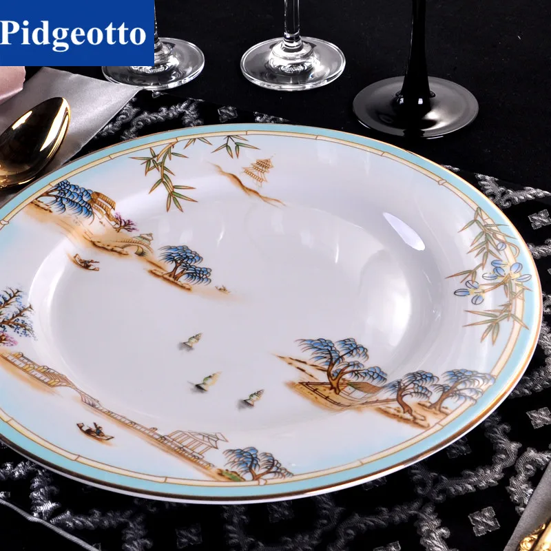 Chinese Style Porcelain Dinner Plates Creative High-end West Lake Hotel Tableware Cutlery Set Decorative Flat Steak Plate