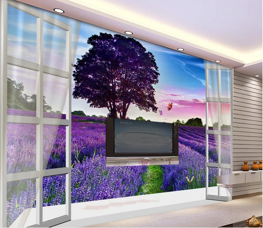 

TV backdrop beautiful lavender fields 3d room wallpaper landscape 3d wallpaper nature Home Decoration