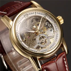 Men Wrist Watches Luxury Golden Skeleton Mechanical Steampunk Male Clock Automatic Wristwatch Leather Strap Herren Horloges