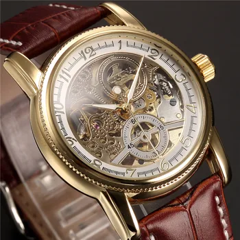 Relojes de pulsera para hombre, reloj mecánico Steampunk con esqueleto dorado de lujo para hombre, reloj de pulsera automático con correa de cuero, relojes Herren