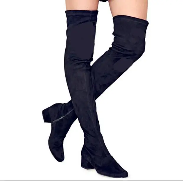 

Black over the knee high boots side zipper slim fit stretchy boots round toe square heel motorcycle boots for woman DFS110