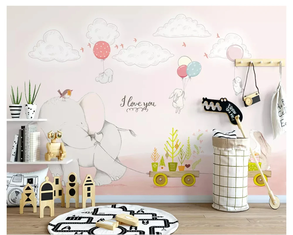 

beibehang Hand-painted personality wall paper elephant white rabbit illustration children's room sofa TV background 3d wallpaper