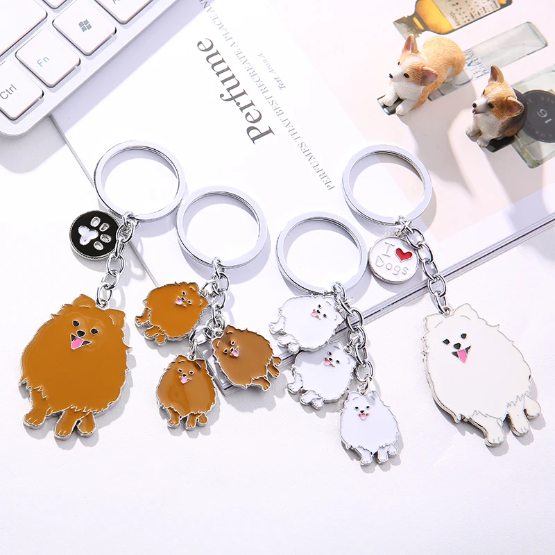 NEW Fashion Jewelry White/ Brown Pomeranian Keychain Pet Dogs Key Ring Gift For Woman Drop Shipping Can Wholesale Keyring Car