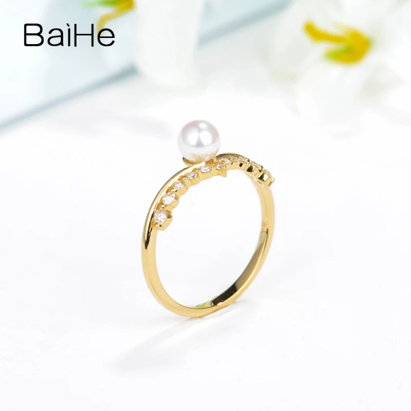 BAIHE Solid 14K Yellow Gold 4.8mm Freshwater Pearl Diamond Crown Ring Women everyday wear Trendy Fine Jewelry Anel Pérola кольцо