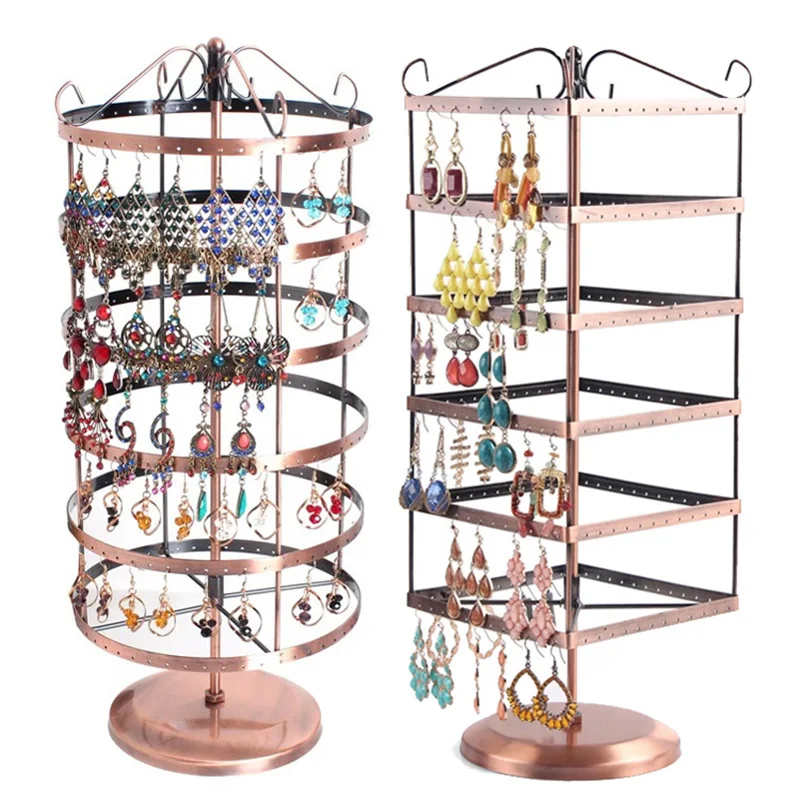 288 Holes Brown Metal Jewelry Display Shelf Square Revolving Earring/Necklace Showcase Rack Stand Holder