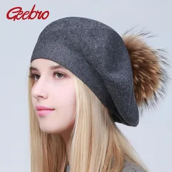 Geebro Women Berets Hat Winter Casual Knitted Wool Berets With Natural Raccoon Fur Pompon Ladies Solid Color Beret Hats GS110