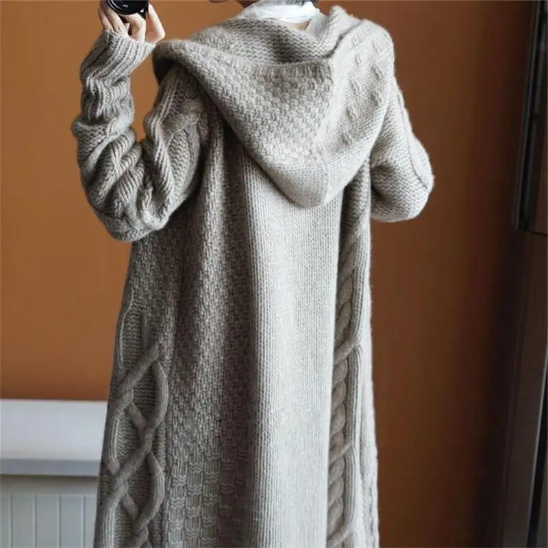 autumn winter New sweater women European style long coat sweaters fashion women long cardigan knitted women sweater with cap