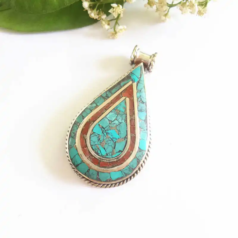 TBP602 Tibetan Jewelry Pendants White Metal Copper Inlaid Colorful Stone Big Waterdrop Pendant from Nepal