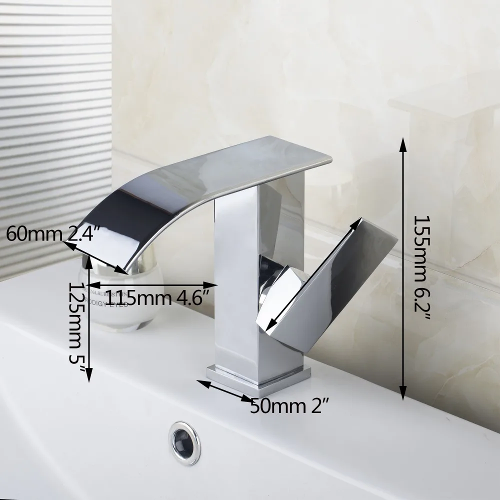 Polish Bathroom Faucet Chrome Brass Waterfall Spout Single Handle Bathroom Mixer Basin Tap Basin Faucet Flat head slim outlet