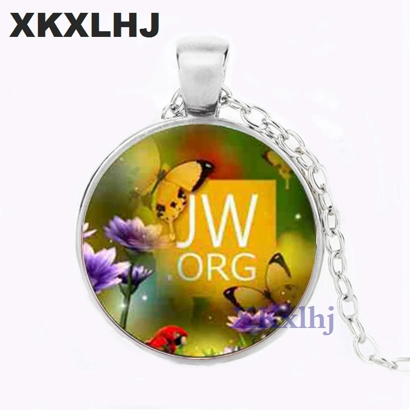 XKXLHJ JW .Org Charm Necklace Romantic Flower Jehovah\'s Witness Pendant Glass Photo Cabochon Pendant Men\'s and Women\'s Necklace