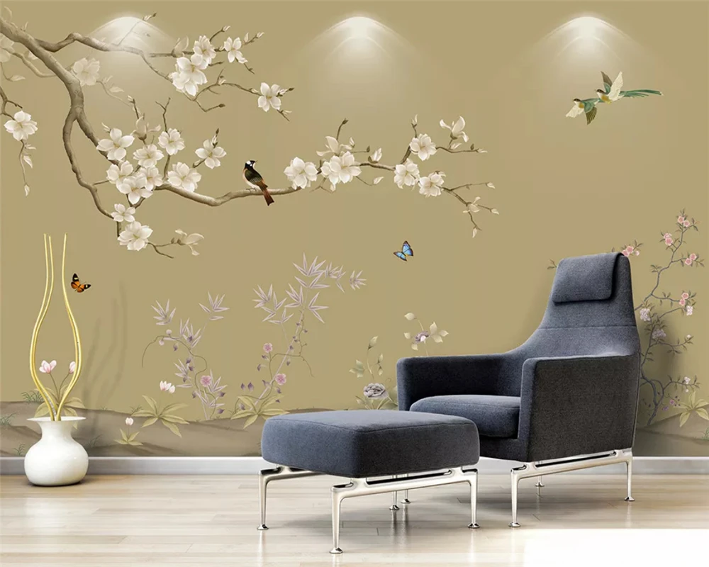 beibehang wallpaper 3d Customized eco-friendly wall paper hand-painted jellyfish flowers and birds ink landscape TV background