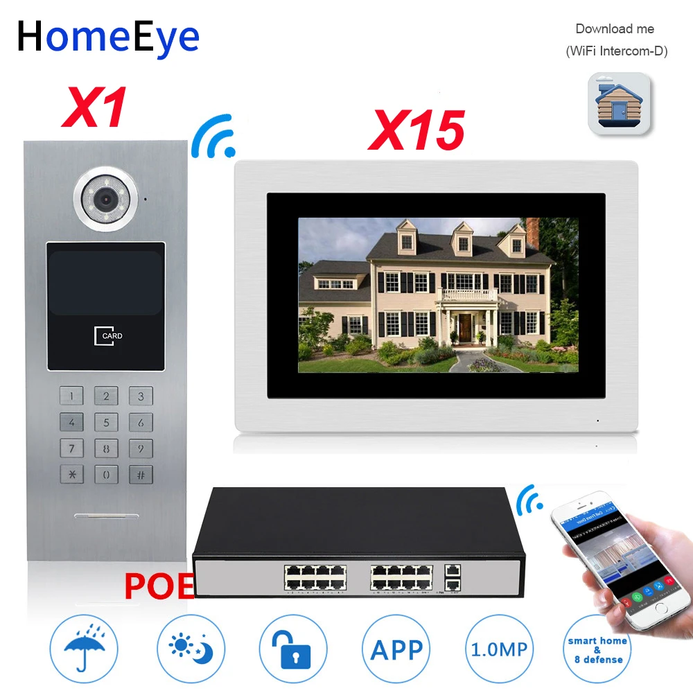 

720P WiFi IP Video Door Phone Video DoorBell 15 Householder Home Access Control System Password/RFID Card POE Switch iOS Android