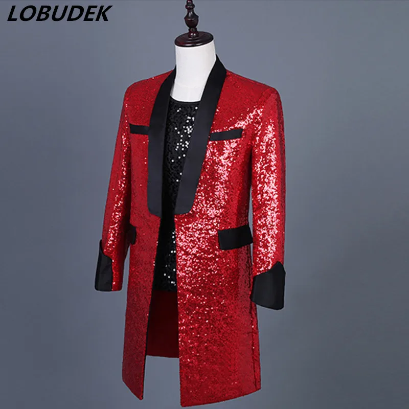 Men's Customized Red White Sequins Mid-length Coat Fashion Slim Blazers Bar Nightclub Singer Male Host Stage Costume Casual Coat