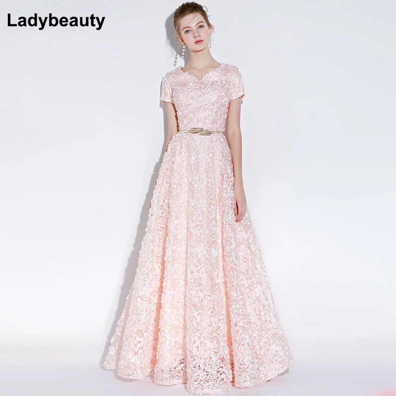 Ladybeauty-vestido De noche elegante para banquete, vestido Formal De encaje Rosa Simple hasta el suelo con cinturón, vestido De fiesta personalizado