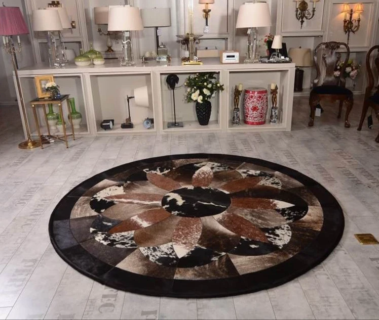 Fashionable art carpet 100% natural genuine cowhide leather round rug