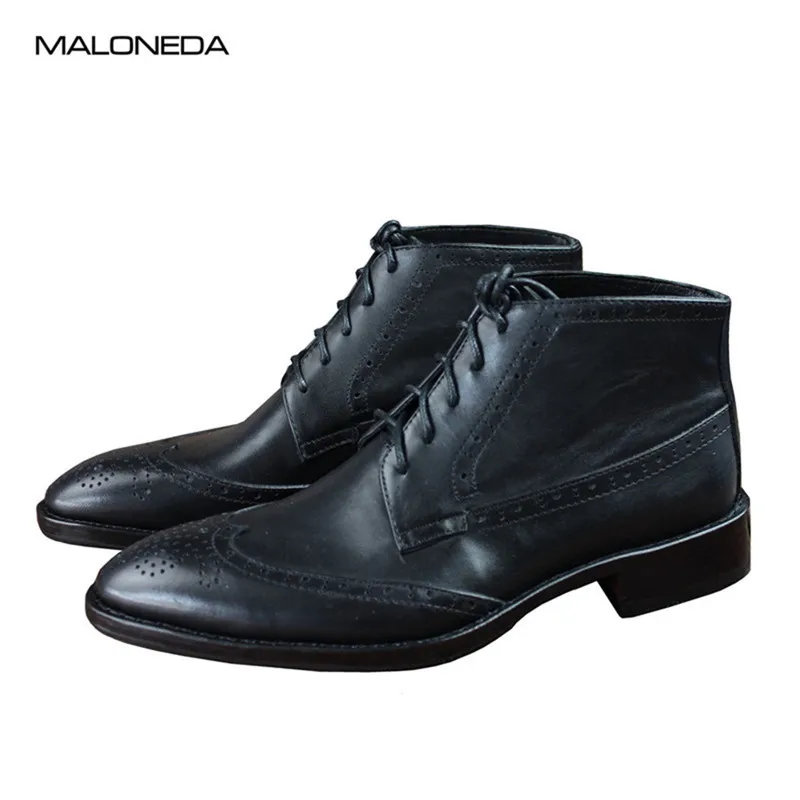 MALONEDE Brand New Fashion Retro Black Brogue Boots Handmade Goodyear Genuine Leather Ankle Short Boots Shoes for Gentlemen