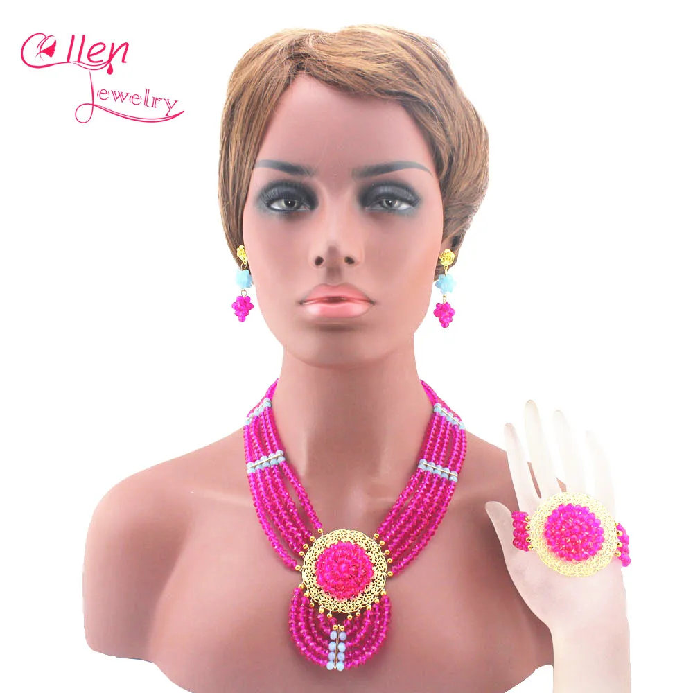 Nigerian wedding african beads jewelry sets for brides Crystal Necklace Bracelet Earrings cheap fashion jewelry sets W13355