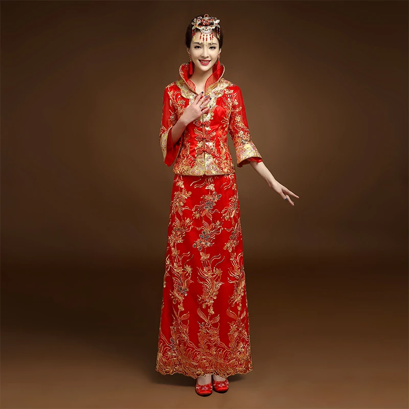 Red Wedding dress traditional chinese Qipao National Costume Womens Overseas New China Style Bride Embroidery Cheongsam S-XXL