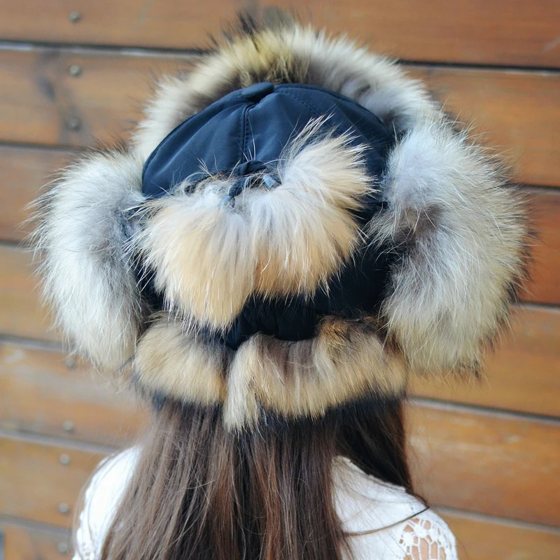 Russia Hot Fashion Winter Raccoon&Fox Fur Hat With Ear Flaps For Women Children fur hat Thick and warm Winter Cap