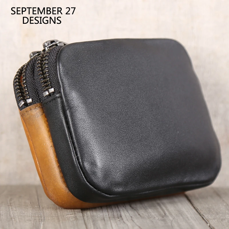 Double Zipper Coin Purses Genuine Leather Luxury Handmade Women Casual Storage Coin Pouch Organizer Credit Card Wallet Men