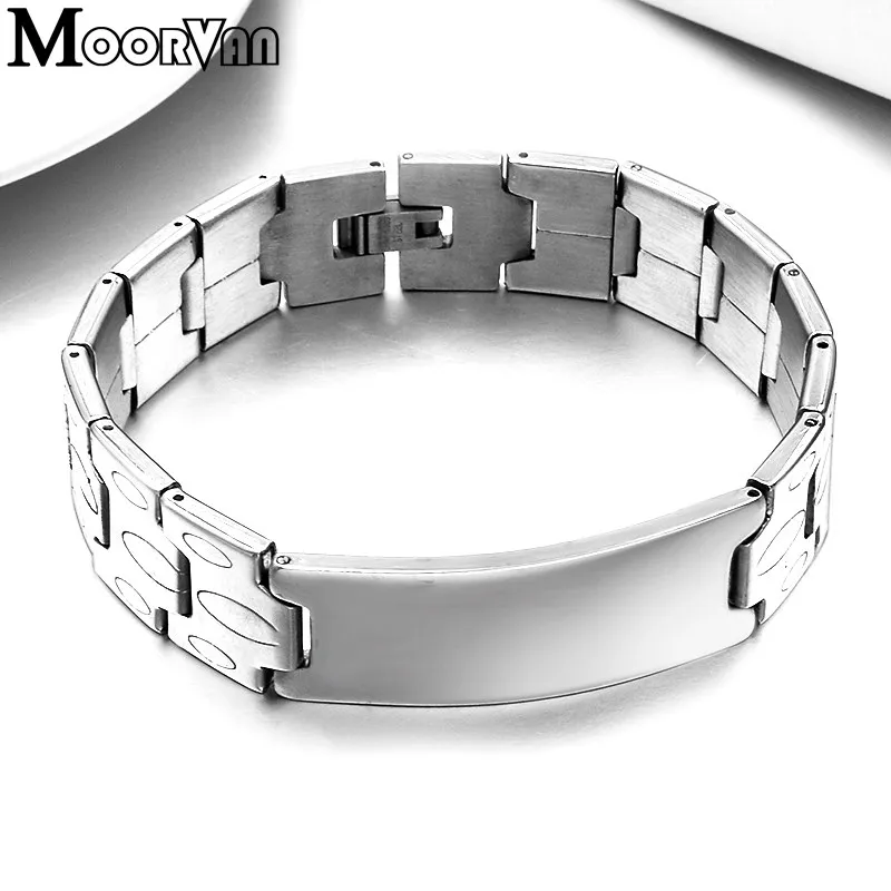 Moorvan  Jewelry Silver Color Sporty Jewelry Men Bracelets Punk 15mm ID Chain Bracelet Boy Friend Gift Stainless Steel VB066