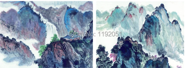 landscape chinese style traditional paintings 2 panels mountains and waterfalls masterpiece reproduction canvas painting