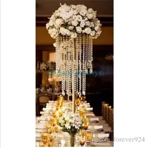 Gold Silver Wedding Centerpiece Flower Stand with Acrylic Bead 60cm Tall Crystal Flower Chandelier for Wedding Table Decor