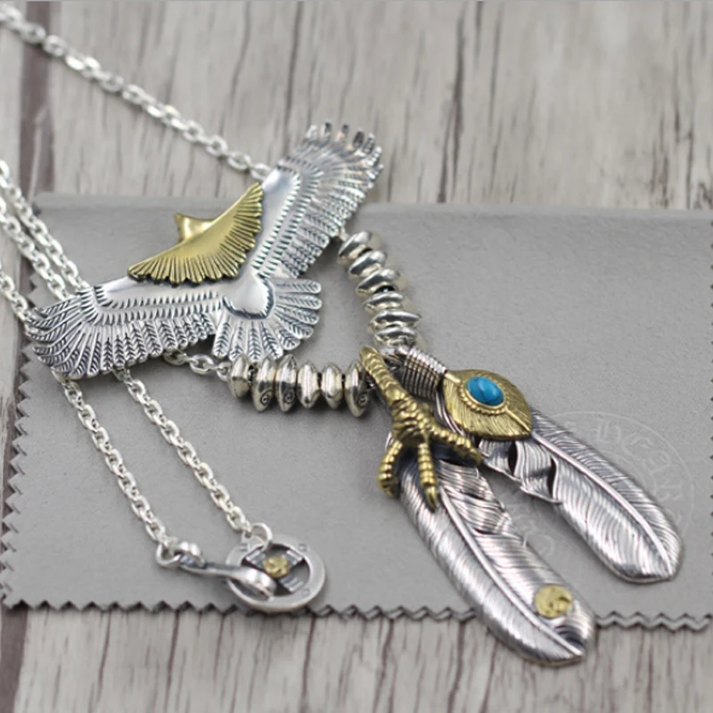 النمط الهندي الفضة النسر ريشة قلادة قلادة جدا الزاوية سلسلة العصرية تي شيرت سترة سلسلة 925 الفضة النقية الفيروز